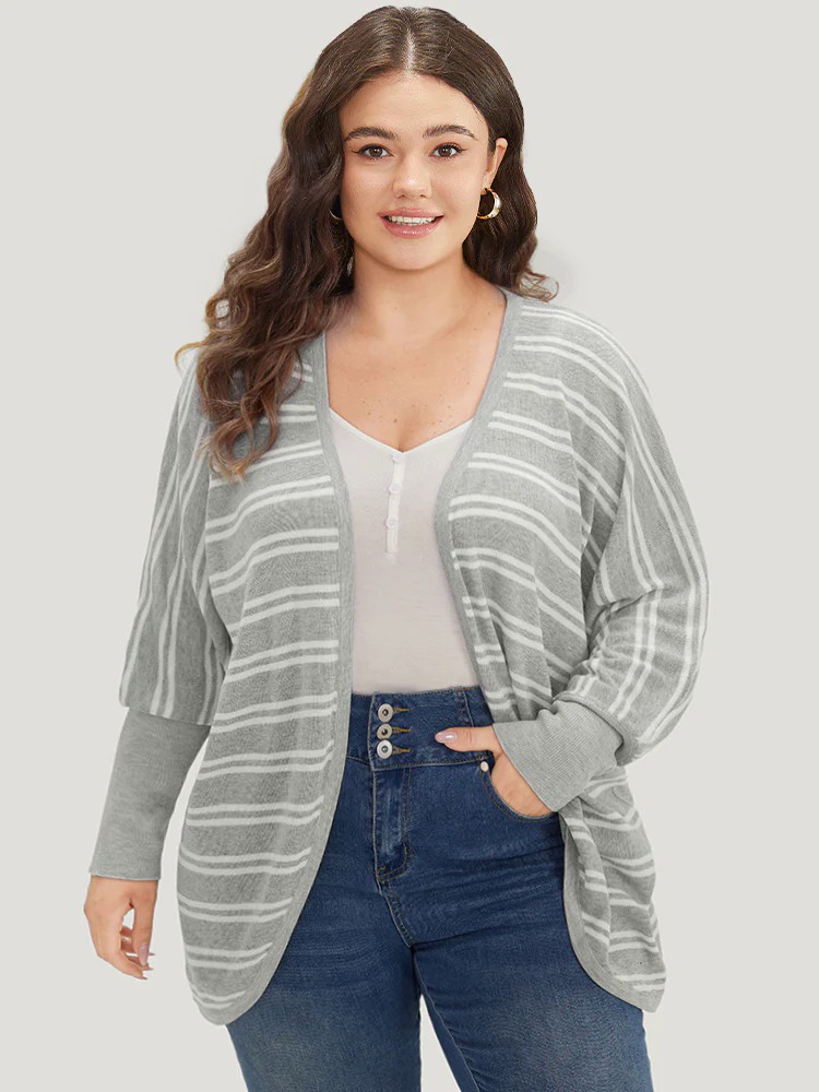 Striped Elastic Cuffs Arc Hem Cardigan Striped Elastic Cuffs Arc Hem Cardigan