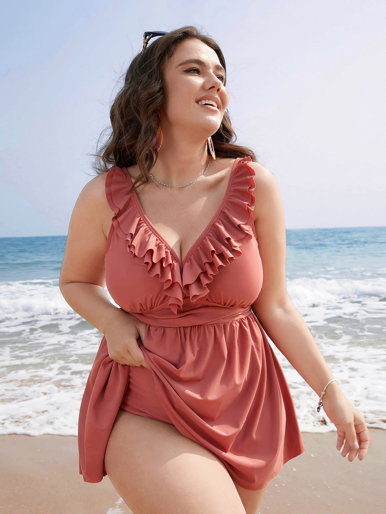 Ruffle Trim Adjustable Straps Gathered Sculpt Waist Swim Dress Ruffle Trim Adjustable Straps Gathered Sculpt Waist Swim Dress