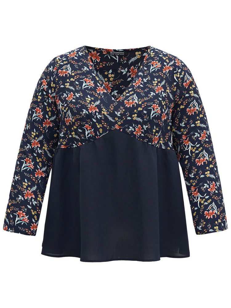 Floral Print Patchwork Pleated Blouse Floral Print Patchwork Pleated Blouse