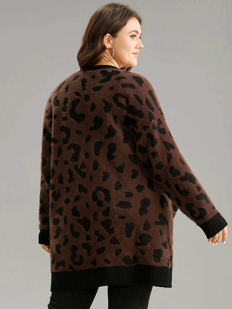 Leopard Contrast Open Front Jacquard Cardigan Leopard Contrast Open Front Jacquard Cardigan