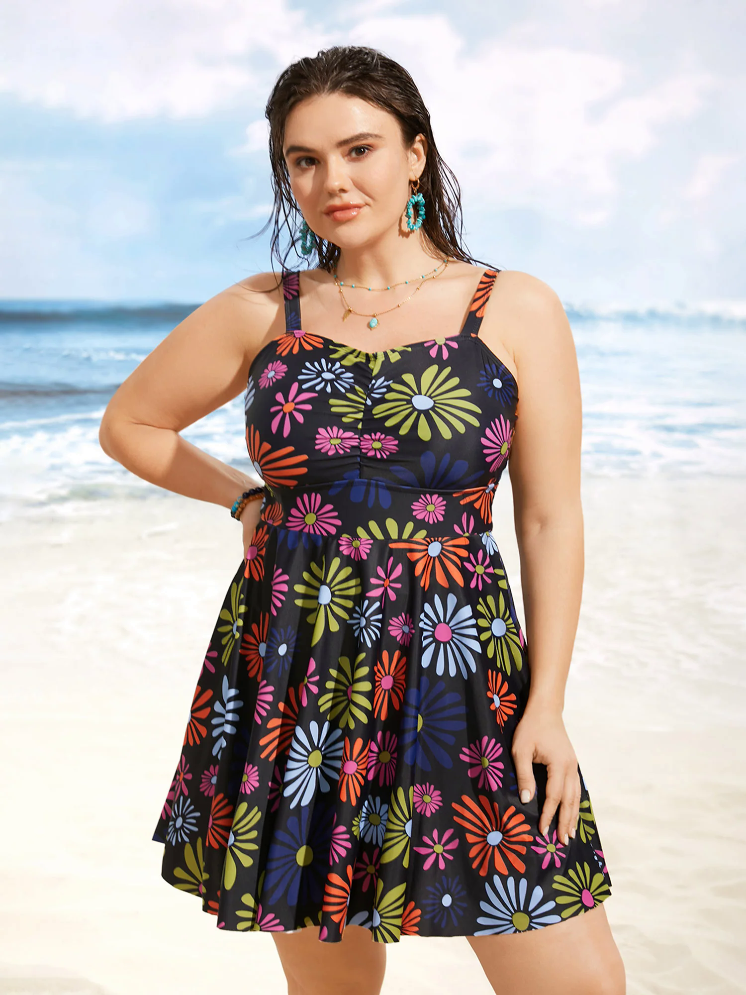Floral Heart Neckline Ruched Swim Dress Floral Heart Neckline Ruched Swim Dress