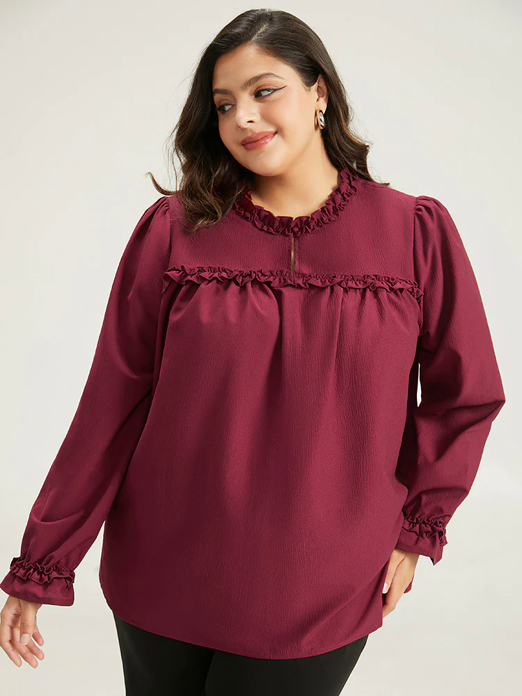 Solid Frill Trim Puff Sleeve Blouse Solid Frill Trim Puff Sleeve Blouse