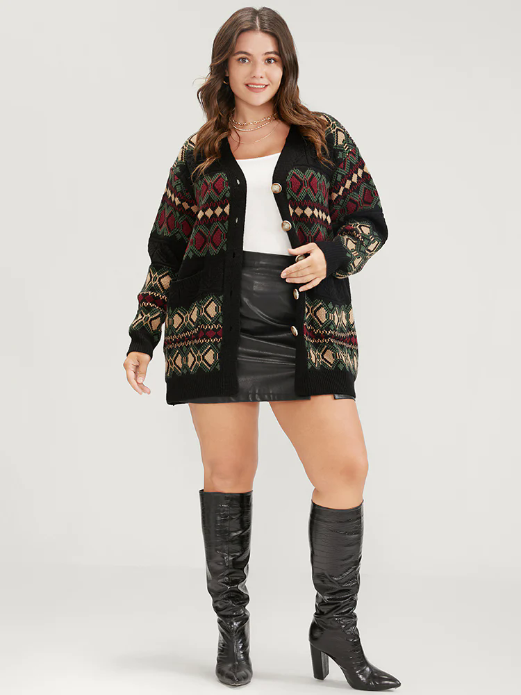 Geometric Contrast Pointelle Knit Pocket Jacquard Button Front Cardigan Geometric Contrast Pointelle Knit Pocket Jacquard Button Front Cardigan
