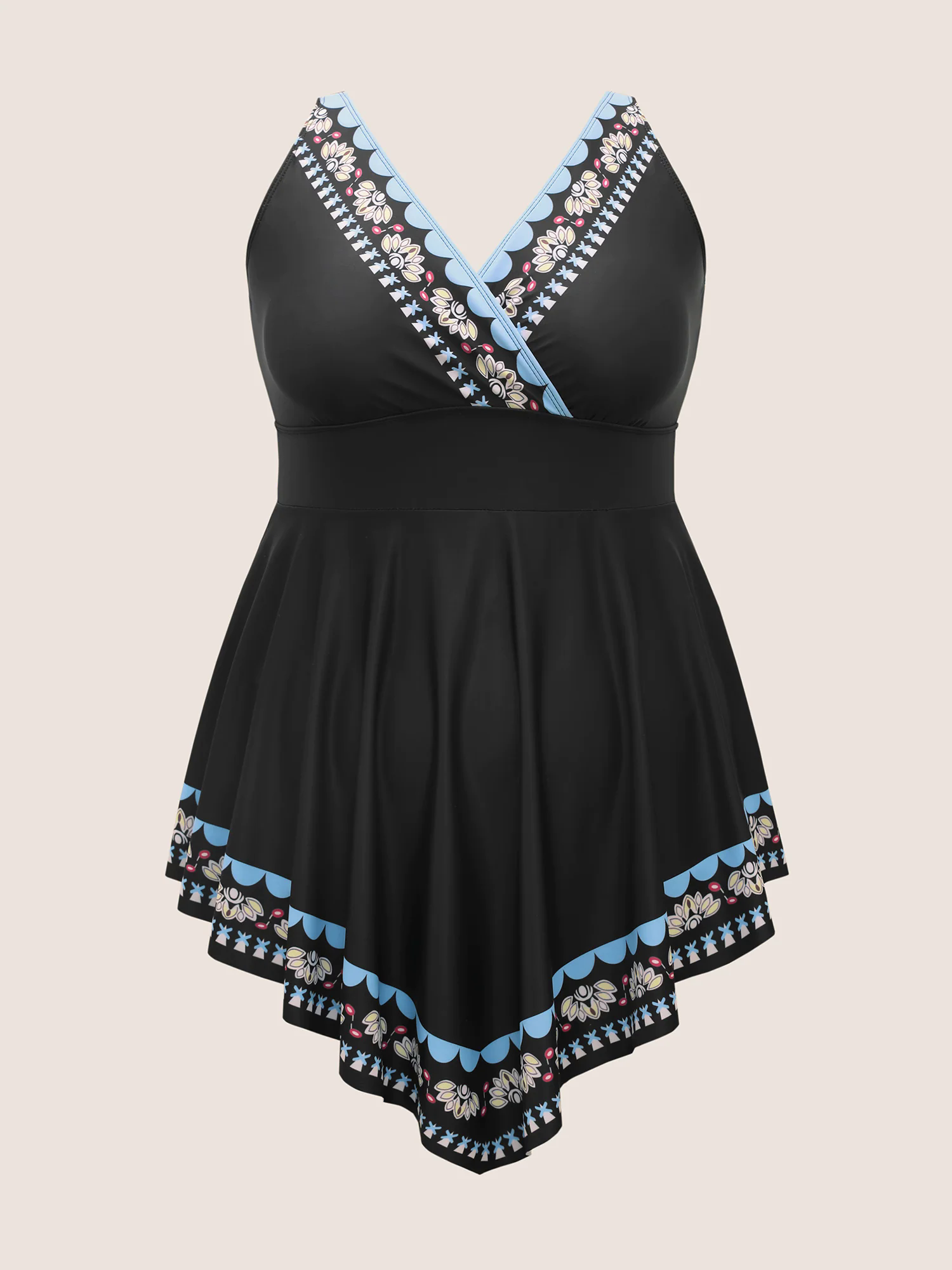 Overlap Collar Boho Print Hanky Hem Swim Dress Overlap Collar Boho Print Hanky Hem Swim Dress