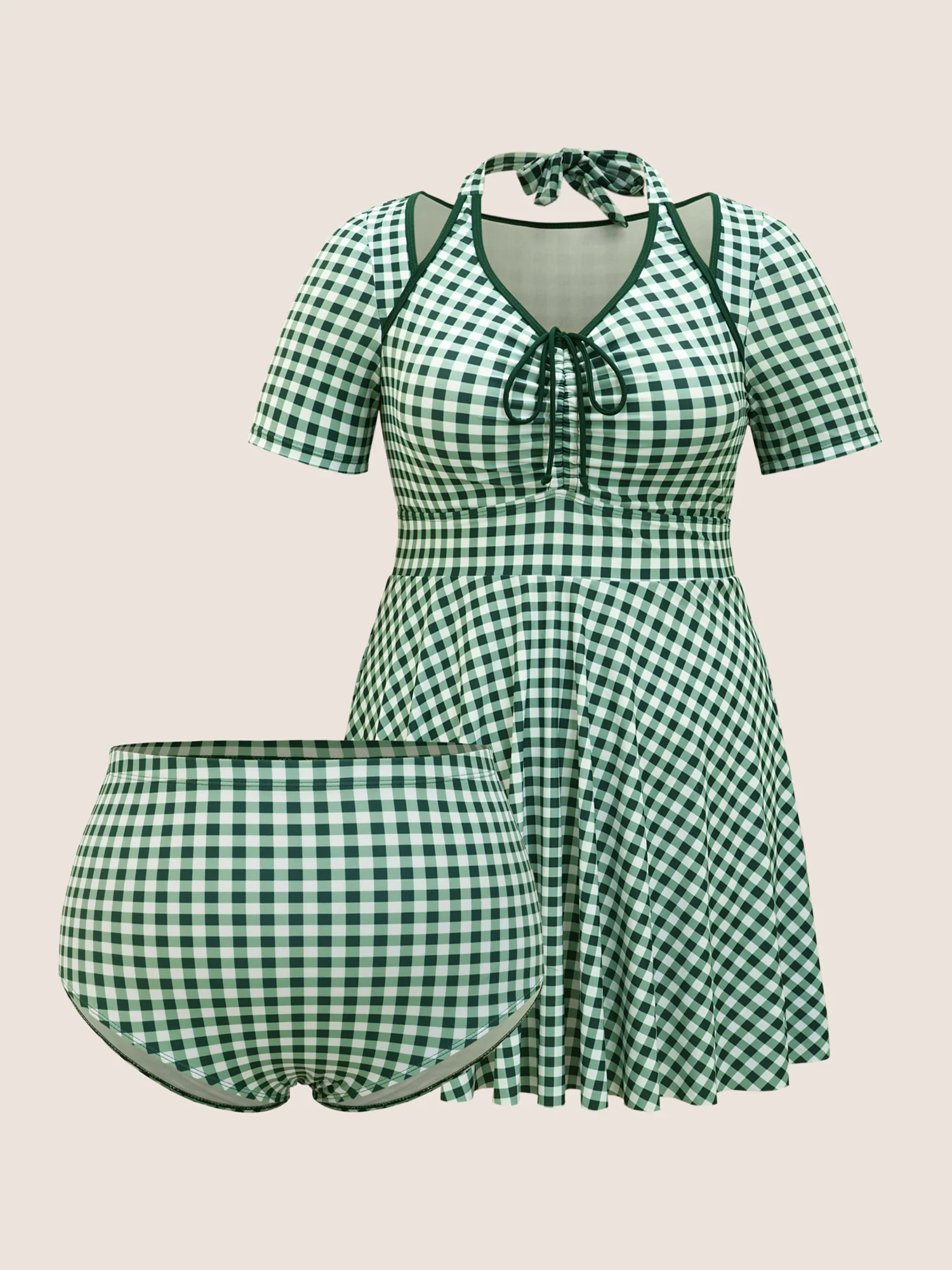Gingham Patchwork Drawstring Tie Knot Swim Dress Gingham Patchwork Drawstring Tie Knot Swim Dress