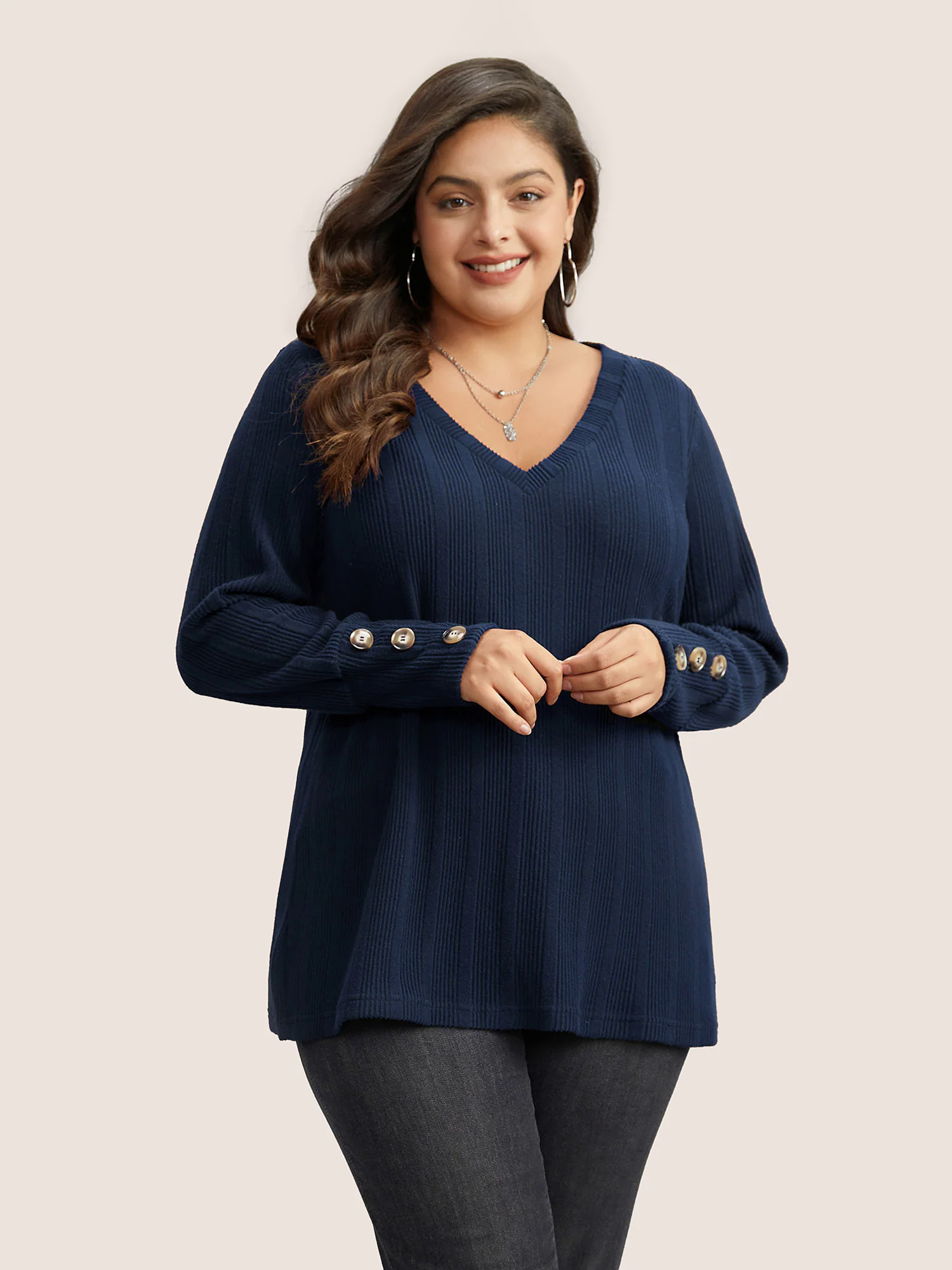 Rib Knit V Neck Button Detail T-shirt Rib Knit V Neck Button Detail T-shirt