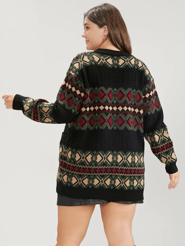 Geometric Contrast Pointelle Knit Pocket Jacquard Button Front Cardigan Geometric Contrast Pointelle Knit Pocket Jacquard Button Front Cardigan