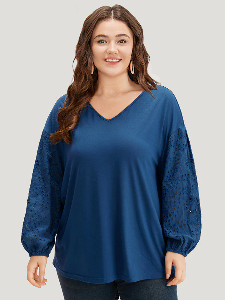 V Neck Broderie Anglaise Patchwork Lantern Sleeve T-shirt V Neck Broderie Anglaise Patchwork Lantern Sleeve T-shirt