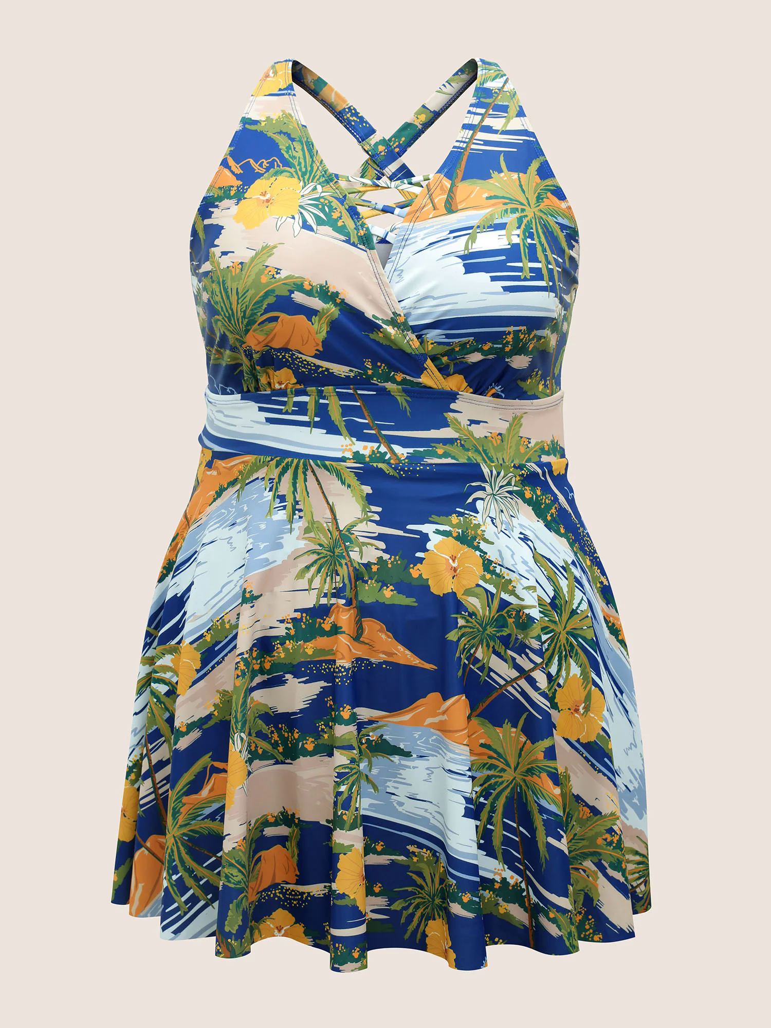 Tropical Print Crisscross Cut Out Swim Dress Tropical Print Crisscross Cut Out Swim Dress
