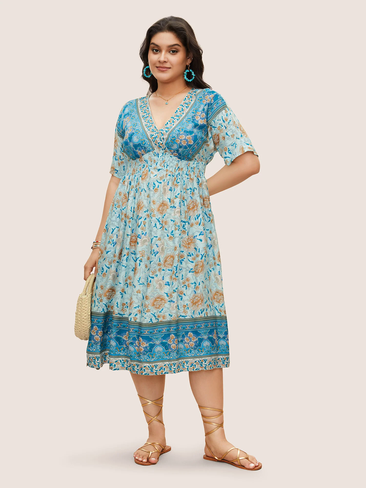 Floral Dolman Sleeve Ruffles Shirred Split Hem Dress Floral Dolman Sleeve Ruffles Shirred Split Hem Dress