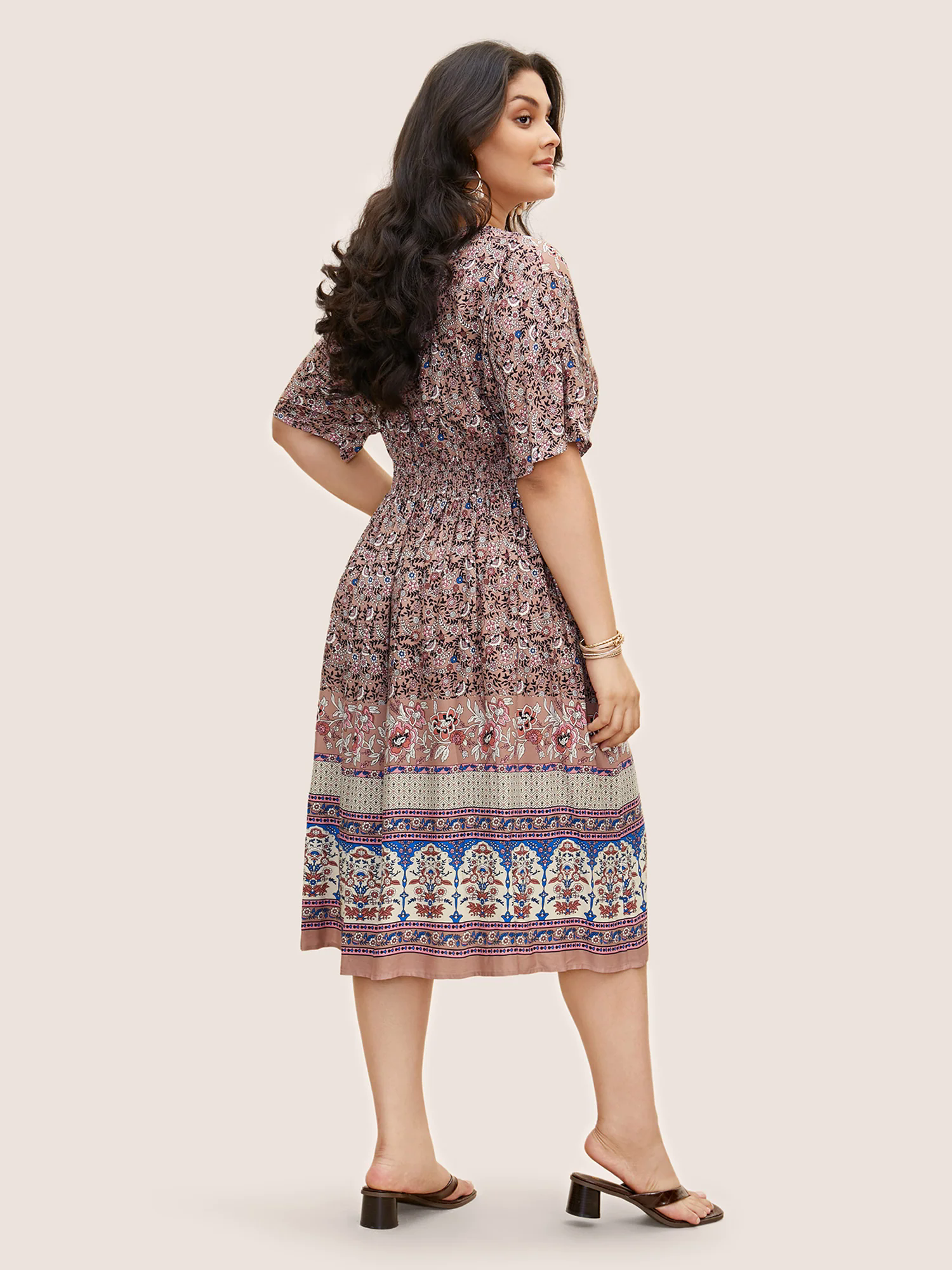 Floral Dolman Sleeve Ruffles Shirred Split Hem Dress Floral Dolman Sleeve Ruffles Shirred Split Hem Dress