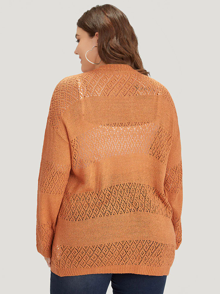 Plain Geometric Eyelet Button Through Loose Cardigan