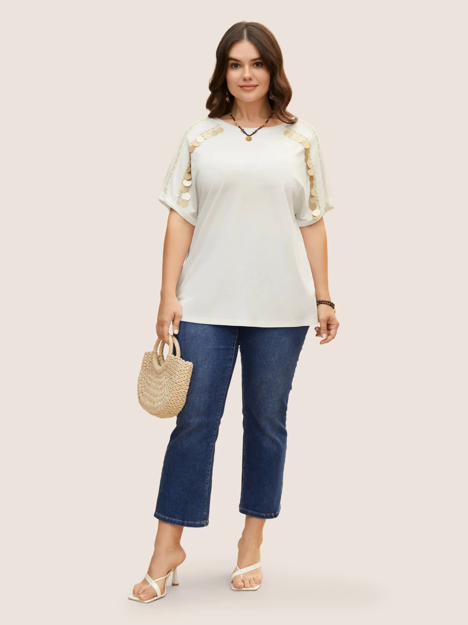 Glitter Decorated Round Neck Batwing Sleeve T-Shirt Glitter Decorated Round Neck Batwing Sleeve T-Shirt