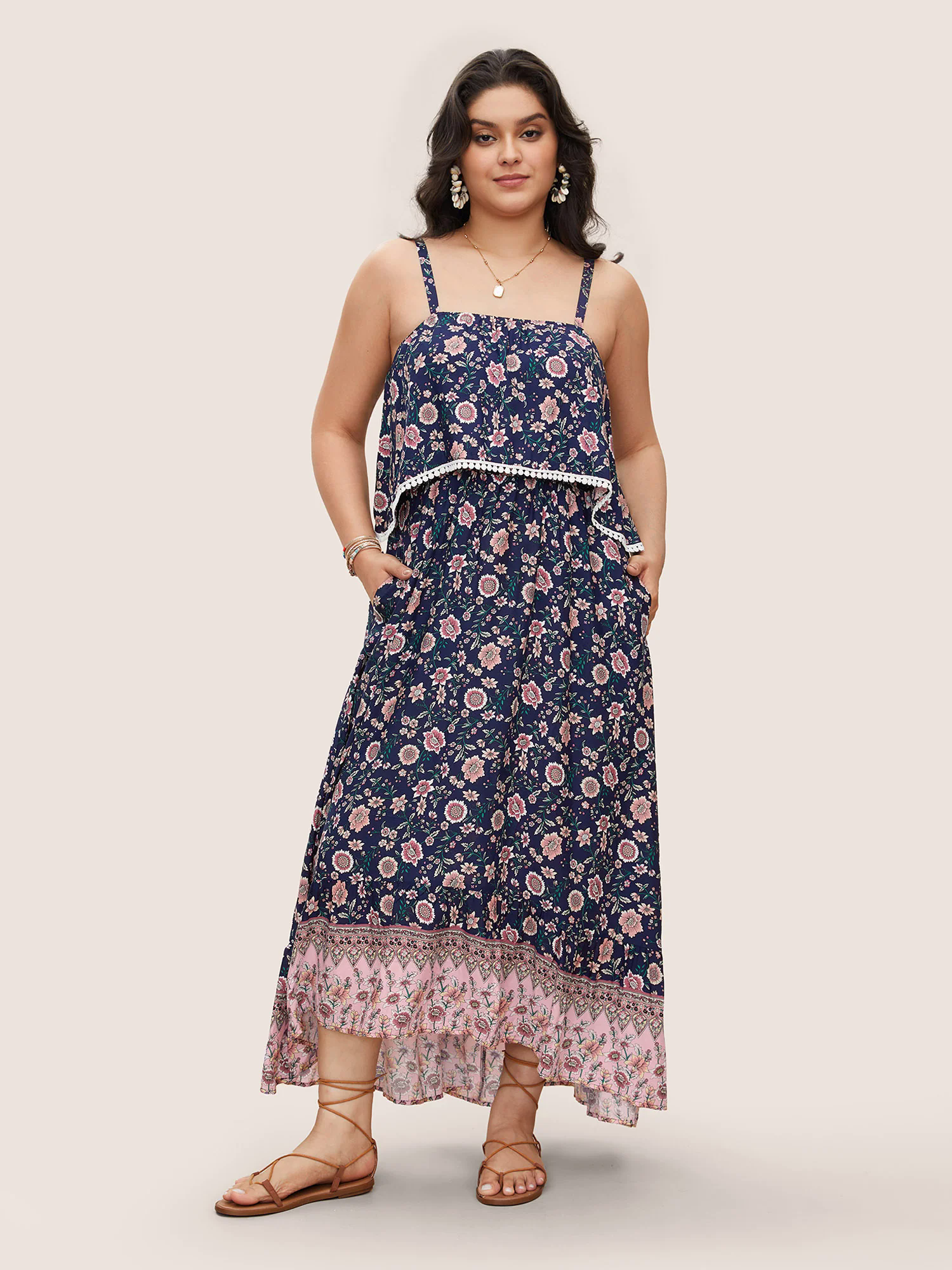 Bandana Print Spaghetti Strap Pocket Ruffles Asymmetrical Hem Maxi Dress