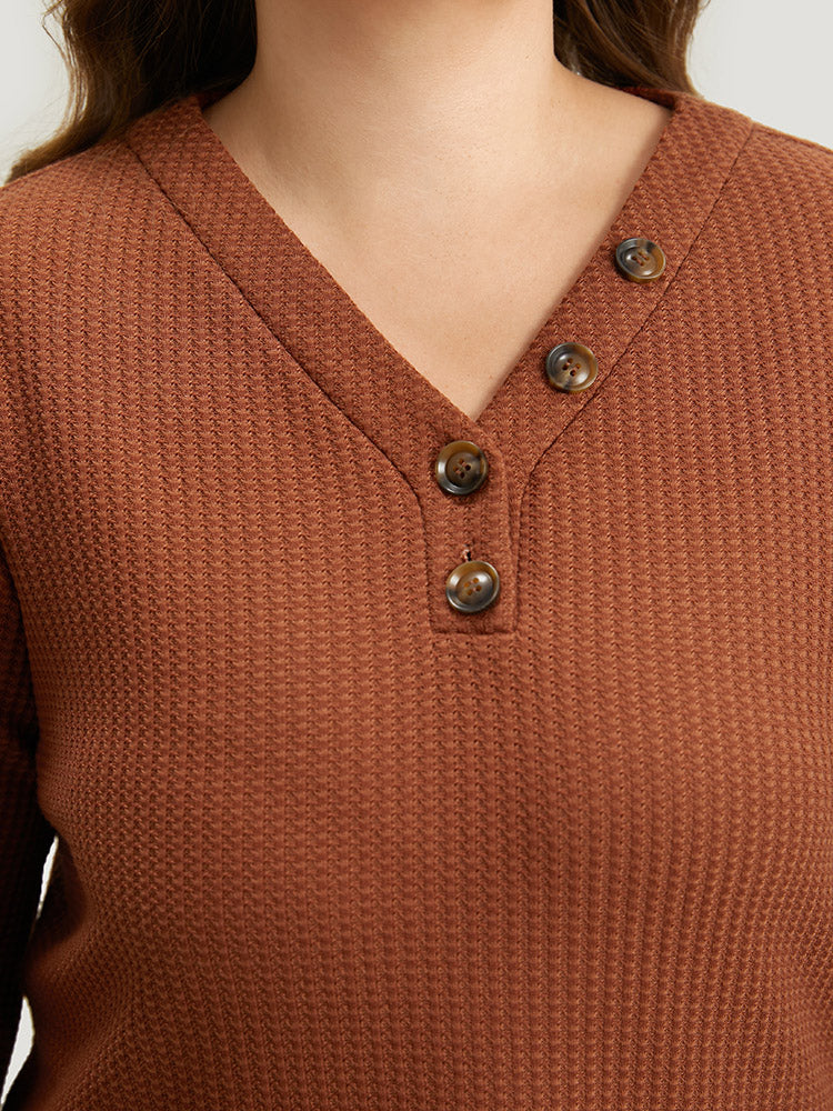 Halloween Solid Waffle Knit Button Up Lantern Sleeve T-shirt Halloween Solid Waffle Knit Button Up Lantern Sleeve T-shirt