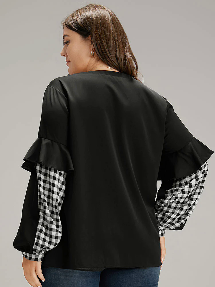 Gingham Patchwork Ruffle Trim Blouse Gingham Patchwork Ruffle Trim Blouse