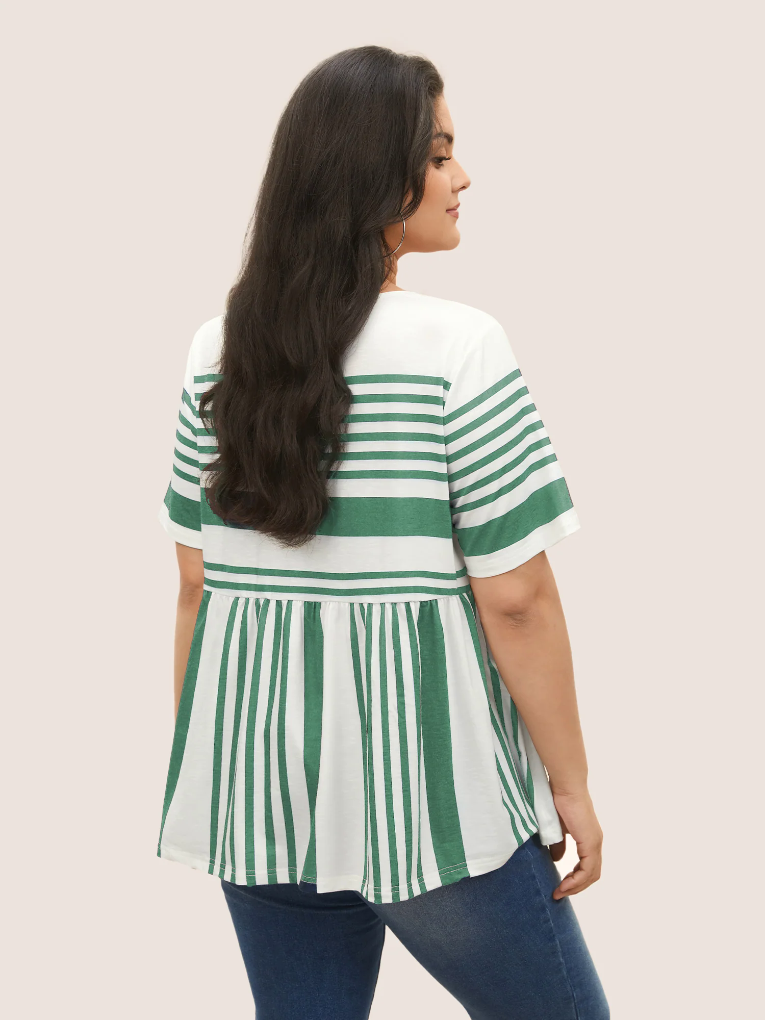 Striped Print Elastic Waist Round Neck T-shirt Striped Print Elastic Waist Round Neck T-shirt
