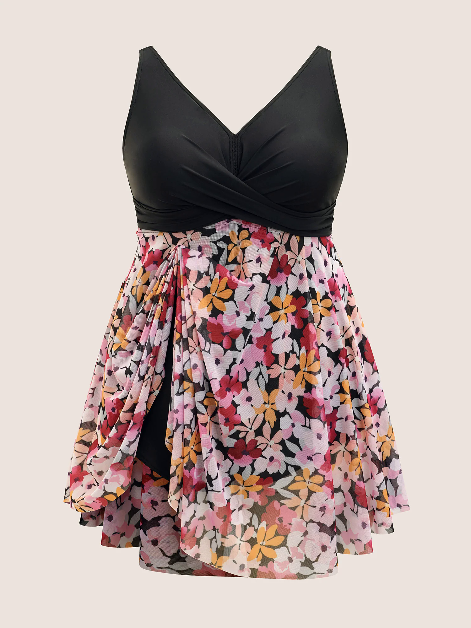 Floral Patchwork Mesh Crossover Swim Dress Floral Patchwork Mesh Crossover Swim Dress