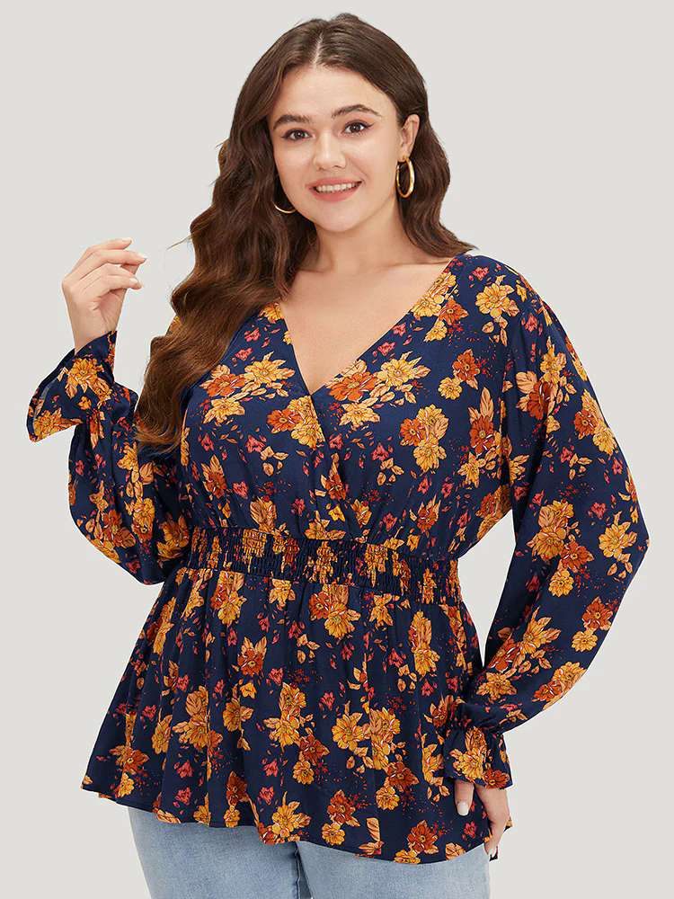 Floral Print Wrap Shirred Lantern Sleeve Blouse Floral Print Wrap Shirred Lantern Sleeve Blouse
