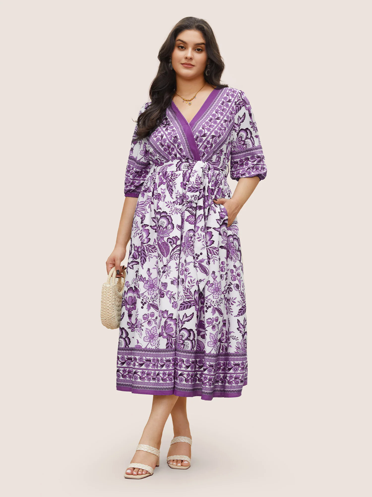 Bandana Print Surplice Neck Lantern Sleeve Pocket Belted Midi Dress Bandana Print Surplice Neck Lantern Sleeve Pocket Belted Midi Dress
