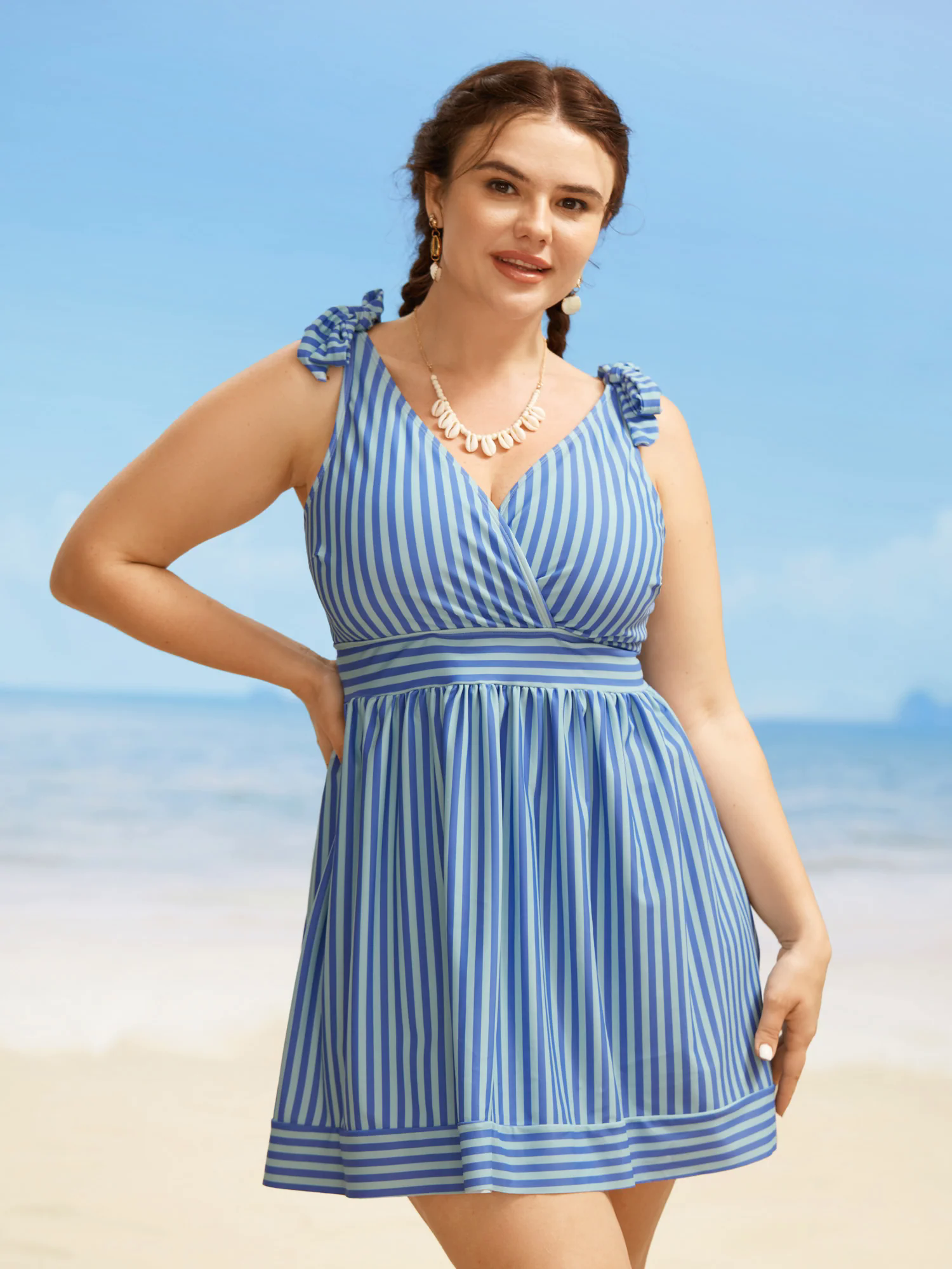 V Neck Striped Tie Knot Gathered Swim Dress