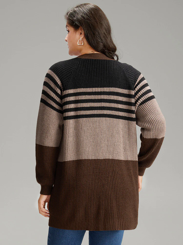 Striped Colorblock Patched Pocket Cardigan Striped Colorblock Patched Pocket Cardigan