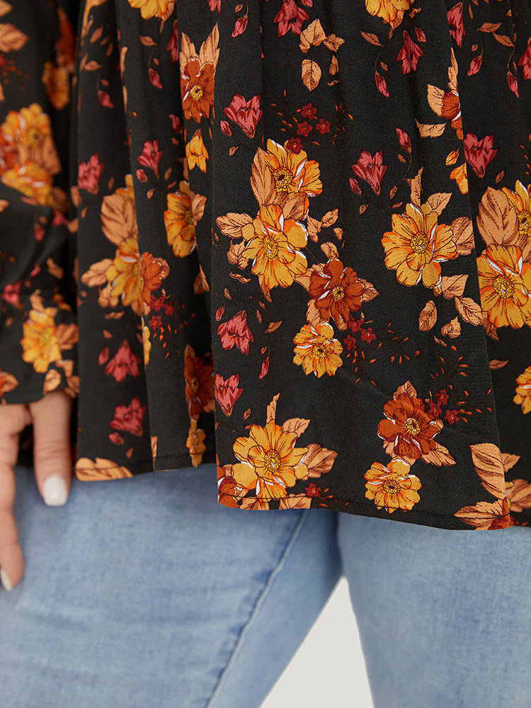 Floral Print Wrap Shirred Lantern Sleeve Blouse Floral Print Wrap Shirred Lantern Sleeve Blouse