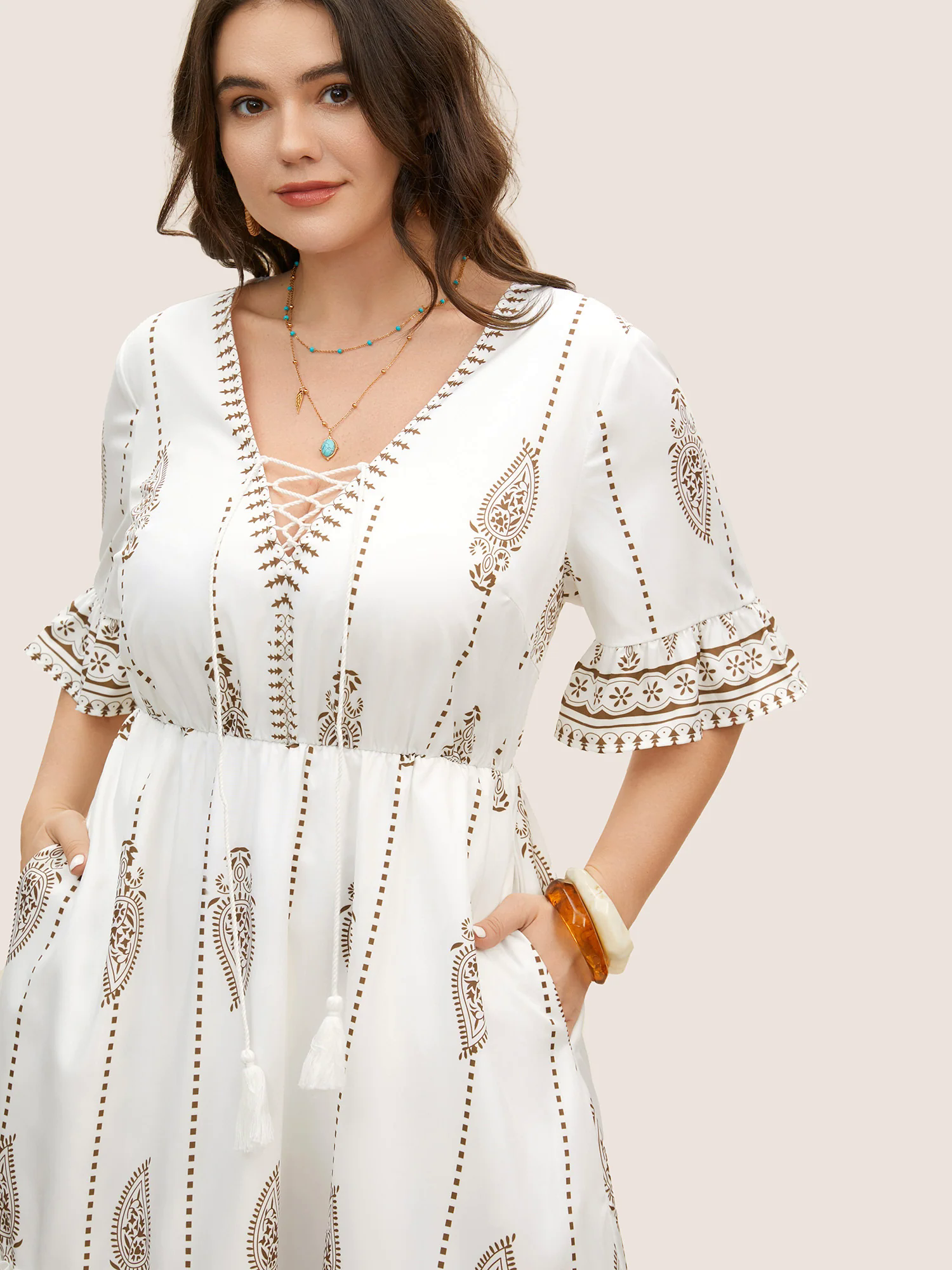 Boho Print Cross Straps Tassels Ruffles Dress Boho Print Cross Straps Tassels Ruffles Dress