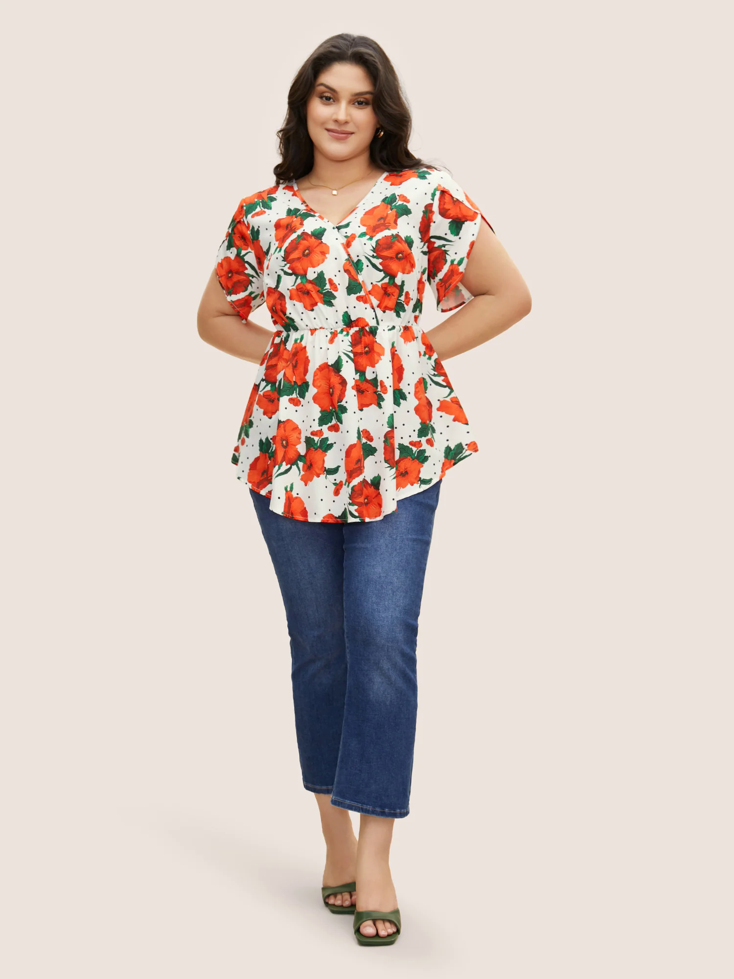 Overlap Collar Floral Elastic Waist Petal Sleeve Blouse Overlap Collar Floral Elastic Waist Petal Sleeve Blouse