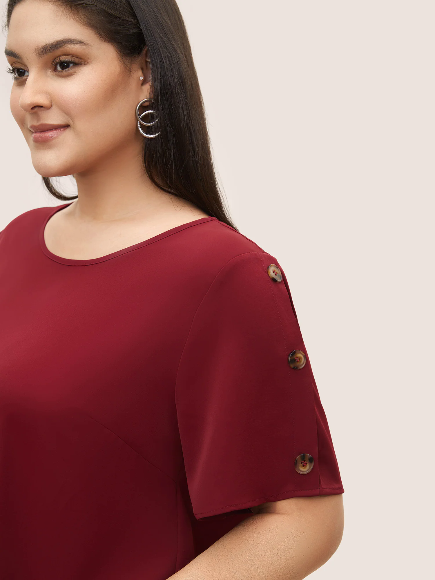 Plain Round Neck Button Detail Blouse