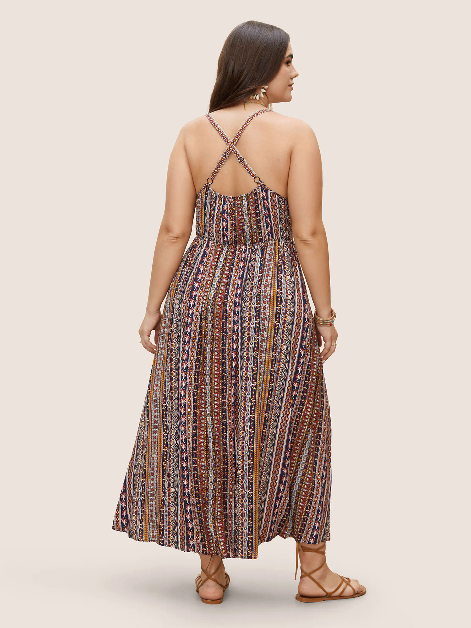 Boho Print Elastic Waist Split Hem Cami Dress