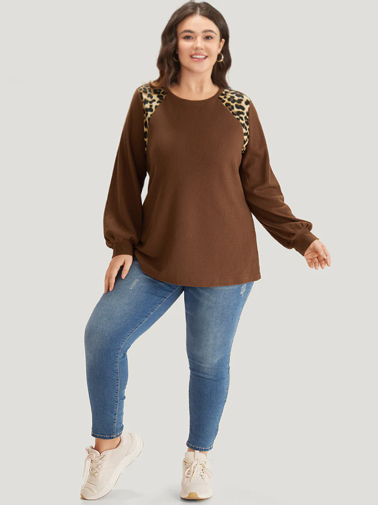 Leopard Patchwork Waffle Knit Elastic Cuffs T-shirt Leopard Patchwork Waffle Knit Elastic Cuffs T-shirt