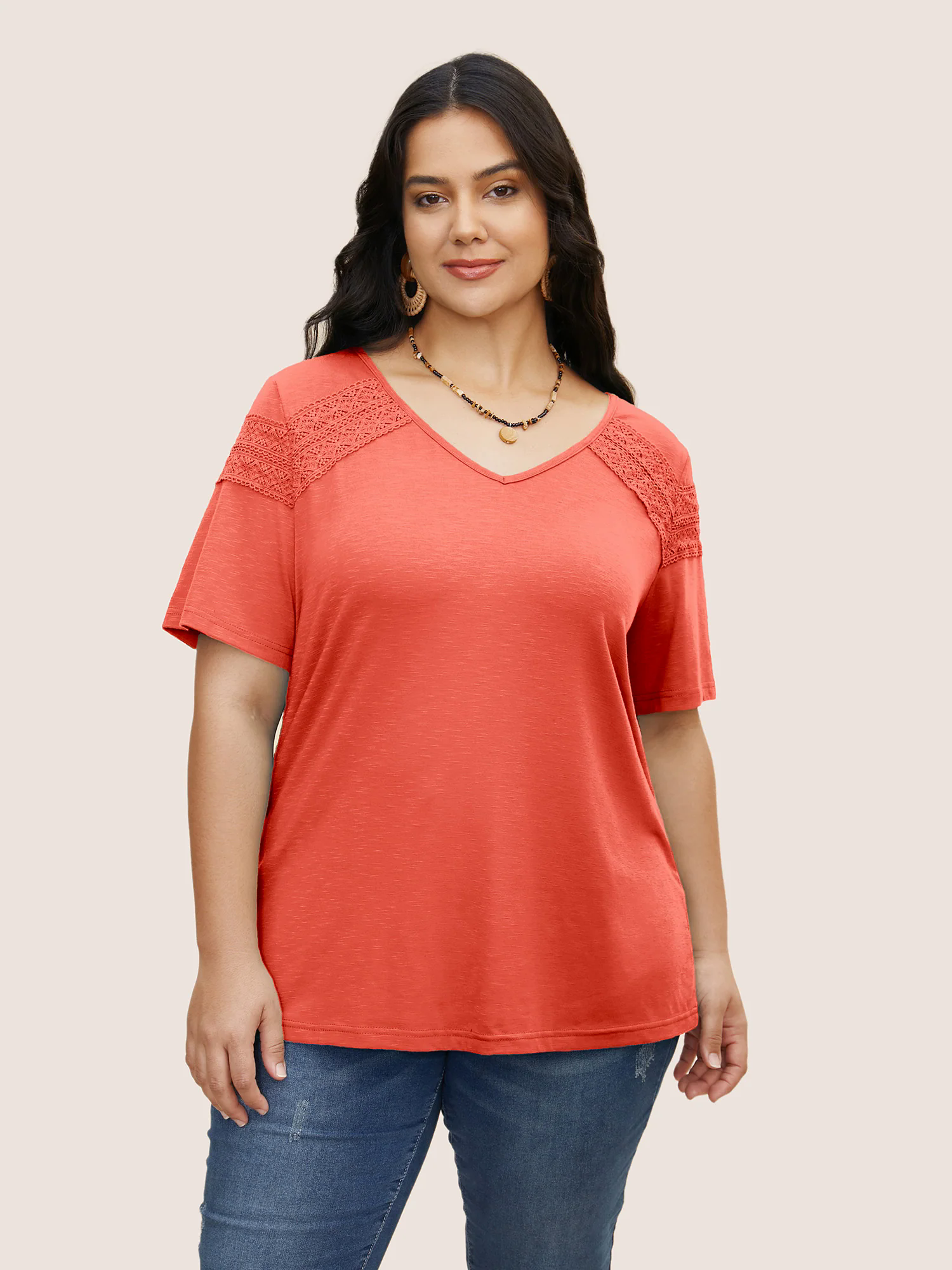 Plain V Neck Lace Panel T-shirt Plain V Neck Lace Panel T-shirt