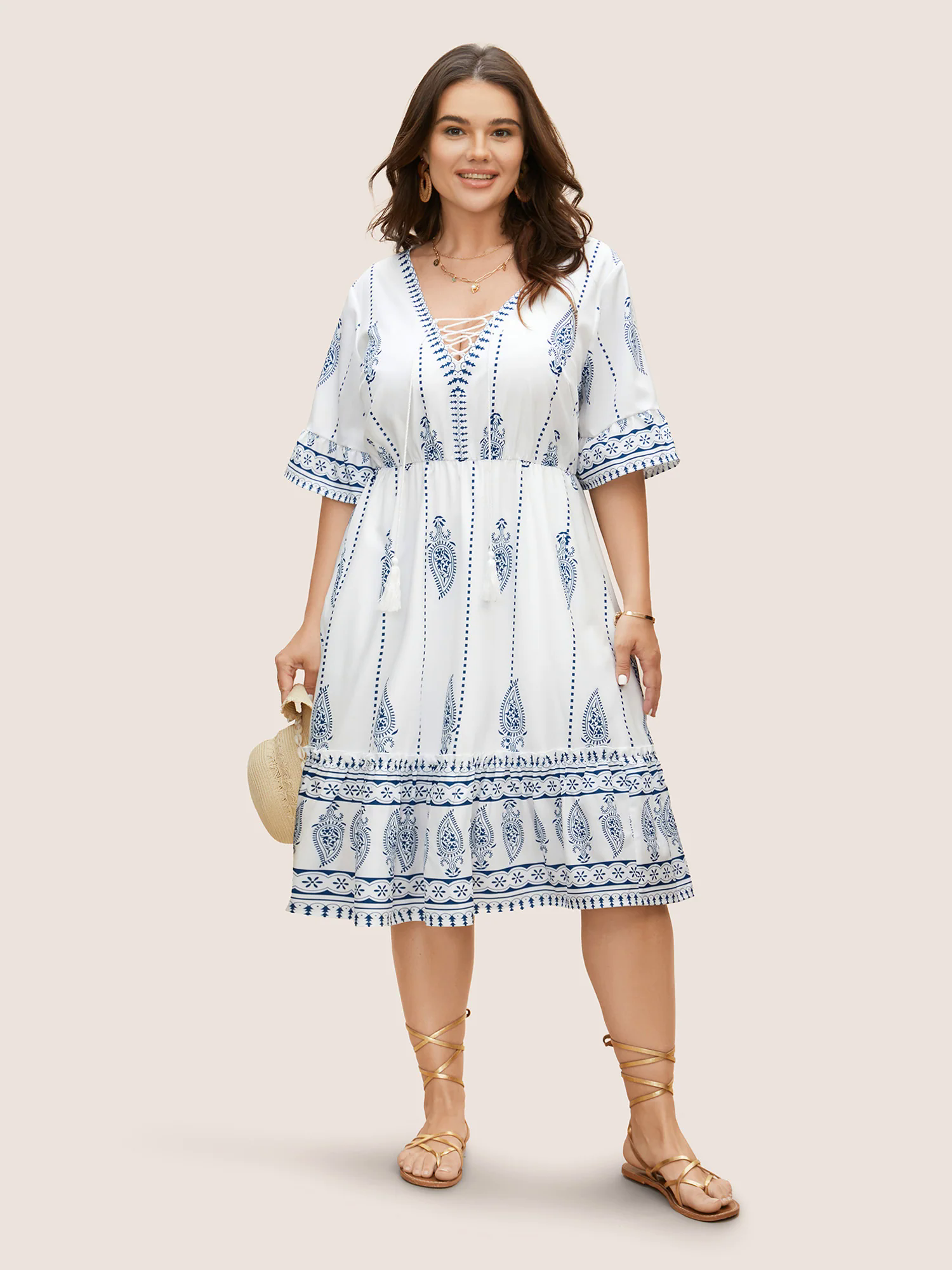 Boho Print Cross Straps Tassels Ruffles Dress Boho Print Cross Straps Tassels Ruffles Dress
