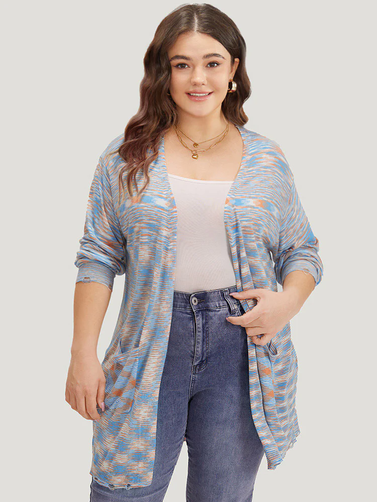 Ombre Pocket Open Front Ripped Hem Cardigan Ombre Pocket Open Front Ripped Hem Cardigan