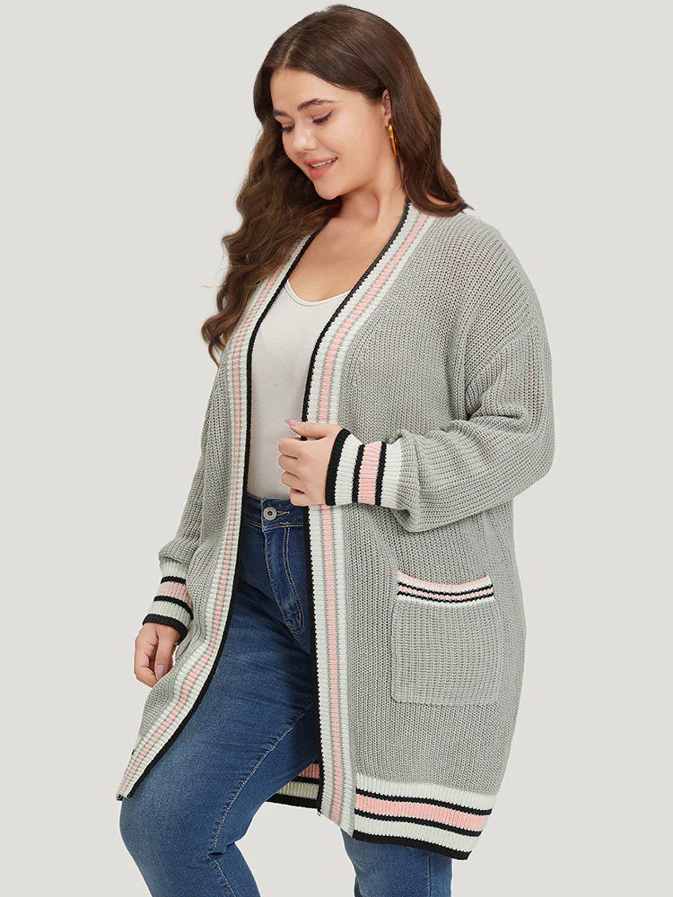 Striped Contrast Drop Shoulder Elastic Cuffs Cardigan Striped Contrast Drop Shoulder Elastic Cuffs Cardigan