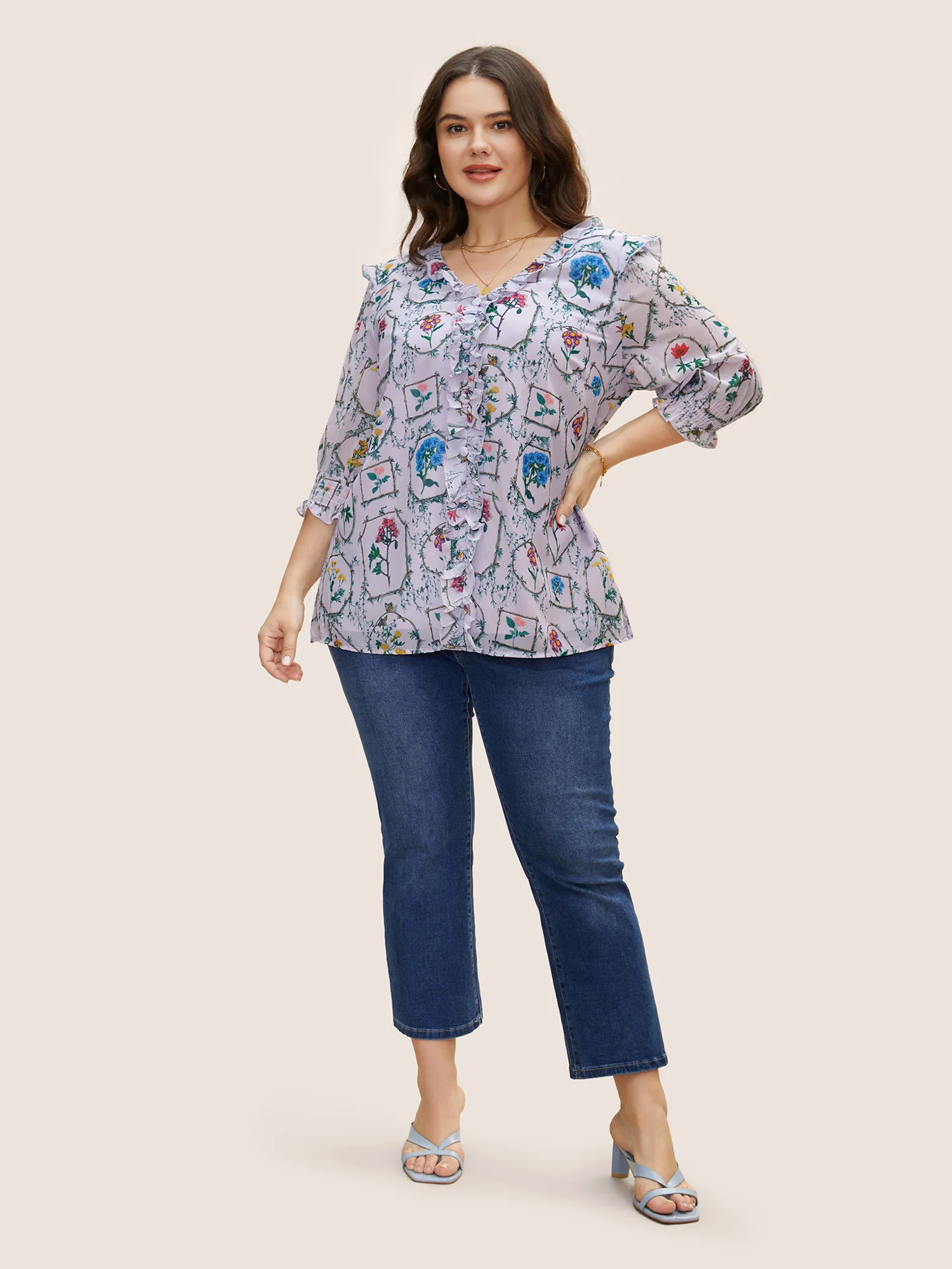 Boho Print Lantern Sleeve Ruffle Trim Blouse