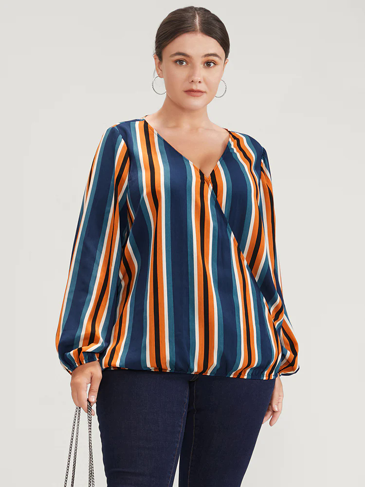 Striped Lantern Sleeve Wrap Blouse Striped Lantern Sleeve Wrap Blouse
