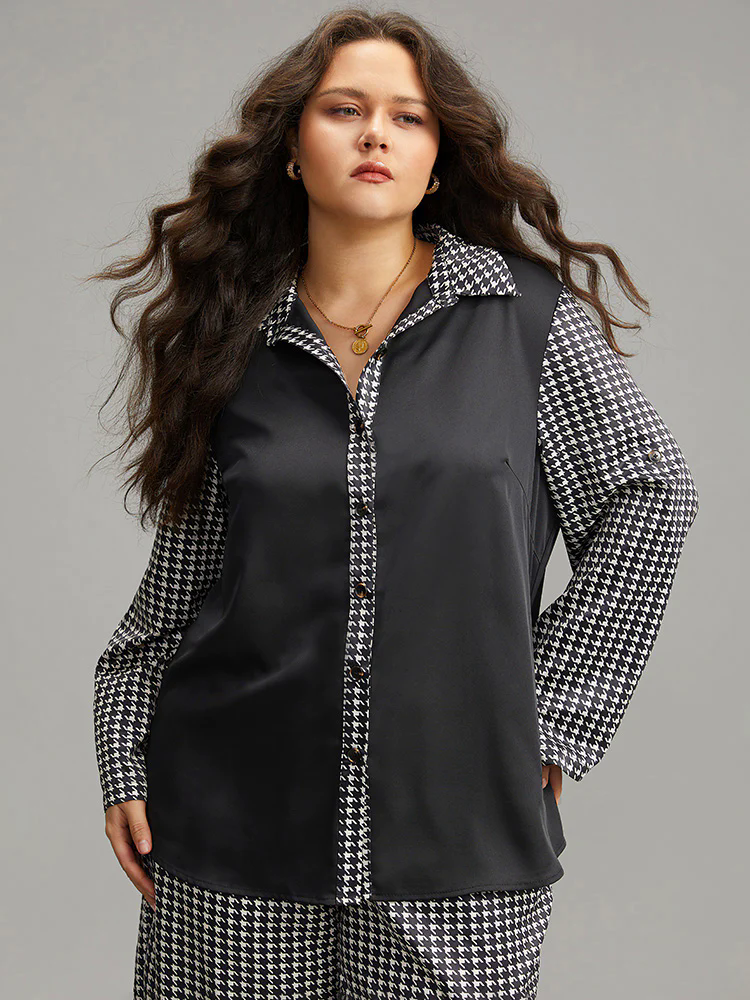Twill Houndstooth Tab Sleeve Patchwork Blouse
