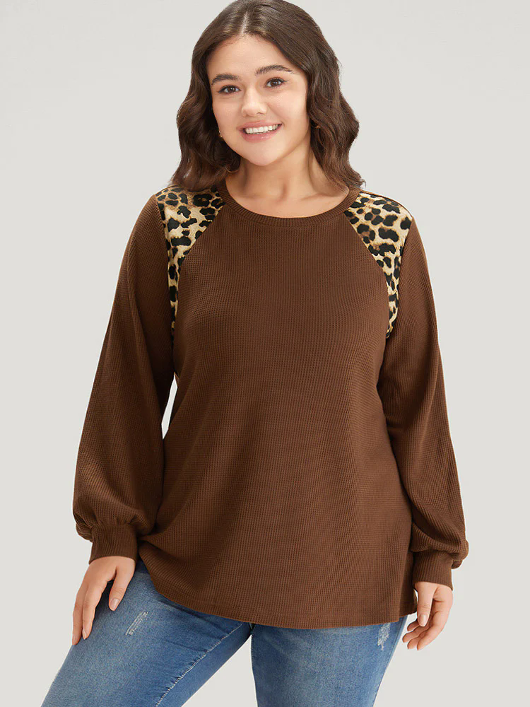 Leopard Patchwork Waffle Knit Elastic Cuffs T-shirt Leopard Patchwork Waffle Knit Elastic Cuffs T-shirt