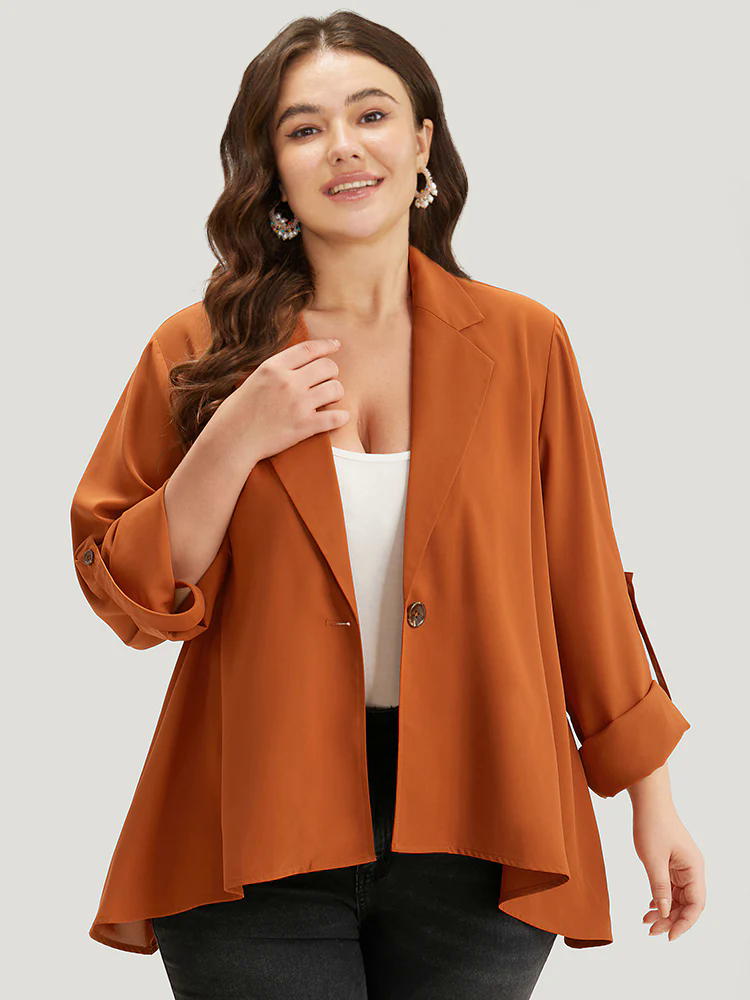 Plain Button Up Tab Sleeve High Low Hem Blazer Plain Button Up Tab Sleeve High Low Hem Blazer