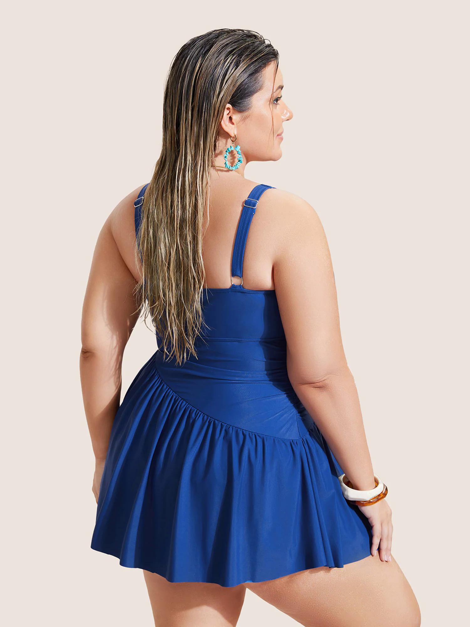 Solid Surplice Neck Gathered Swim Dress Solid Surplice Neck Gathered Swim Dress