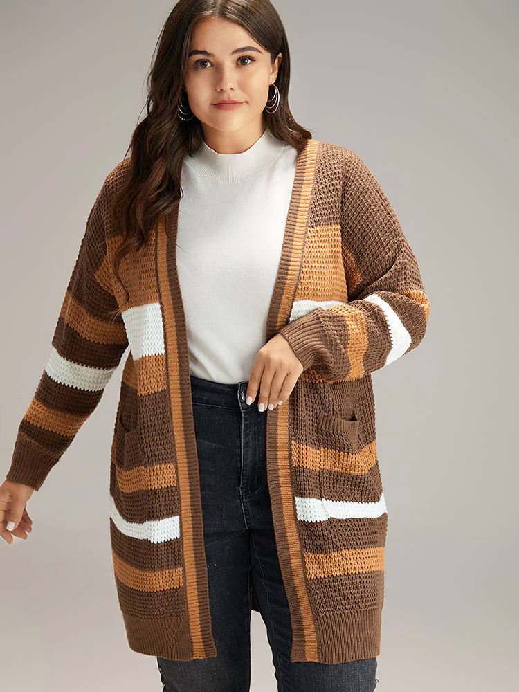 Contrast Open Front Patched Pocket Tunic Cardigan