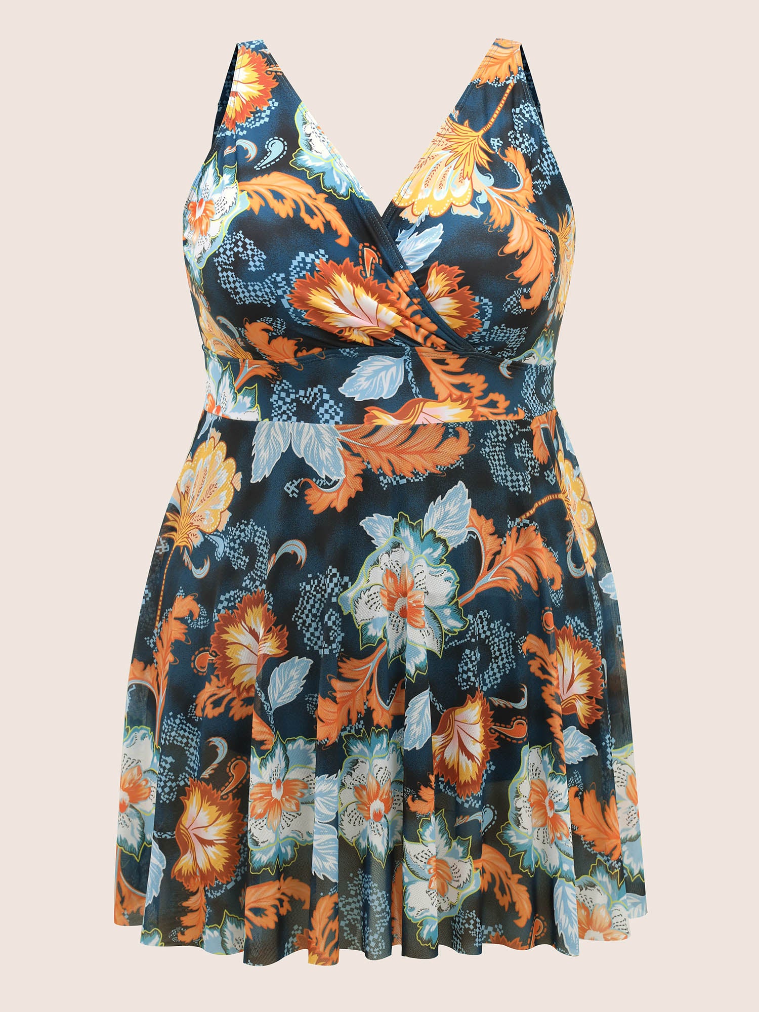 Overlap Collar Contrast Floral Mesh Swim Dress Overlap Collar Contrast Floral Mesh Swim Dress