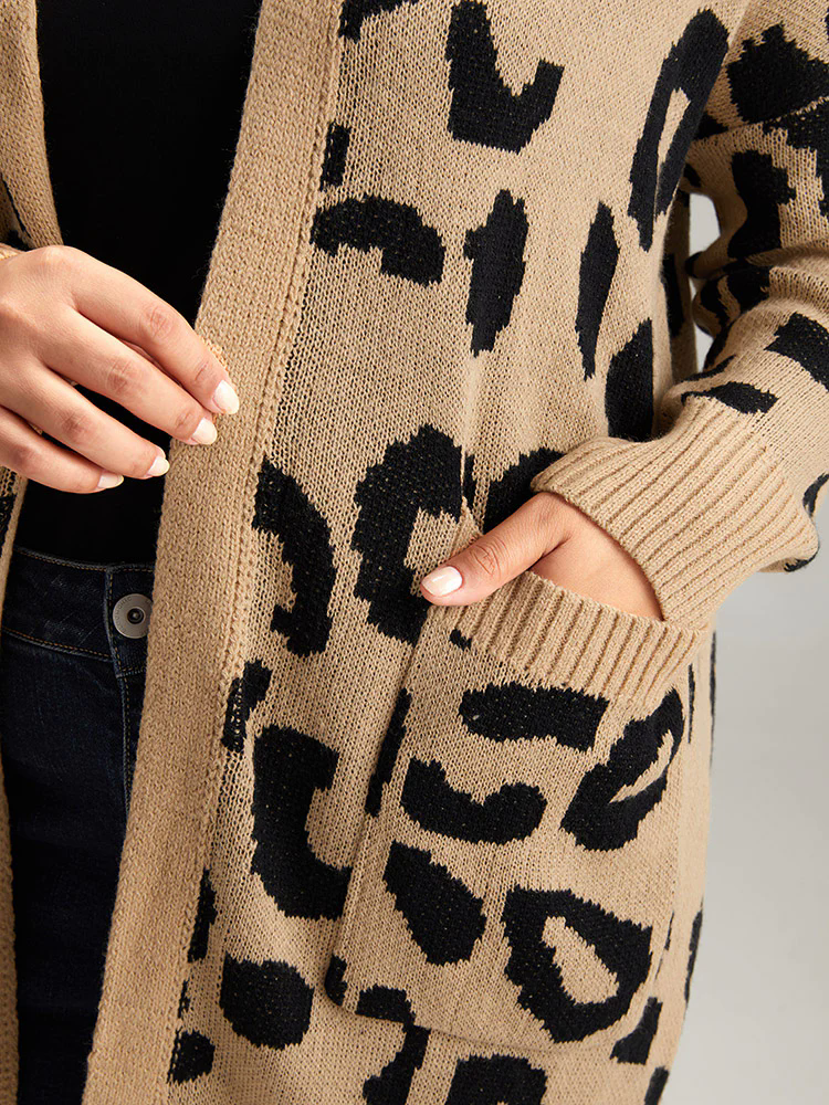 Leopard Elastic Cuffs Drop Shoulder Cardigan