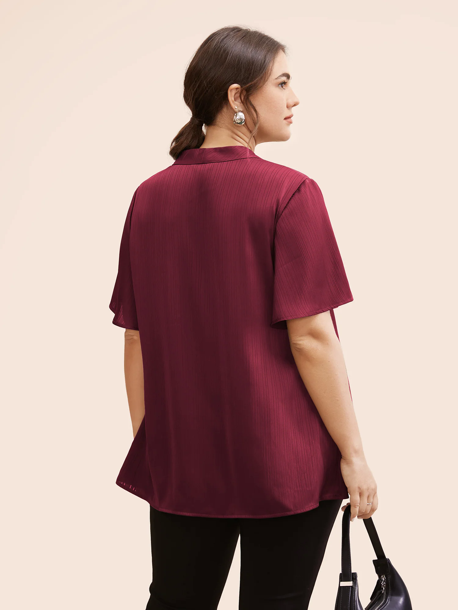 Plain Knot Neck Ruffle Sleeve Blouse Plain Knot Neck Ruffle Sleeve Blouse