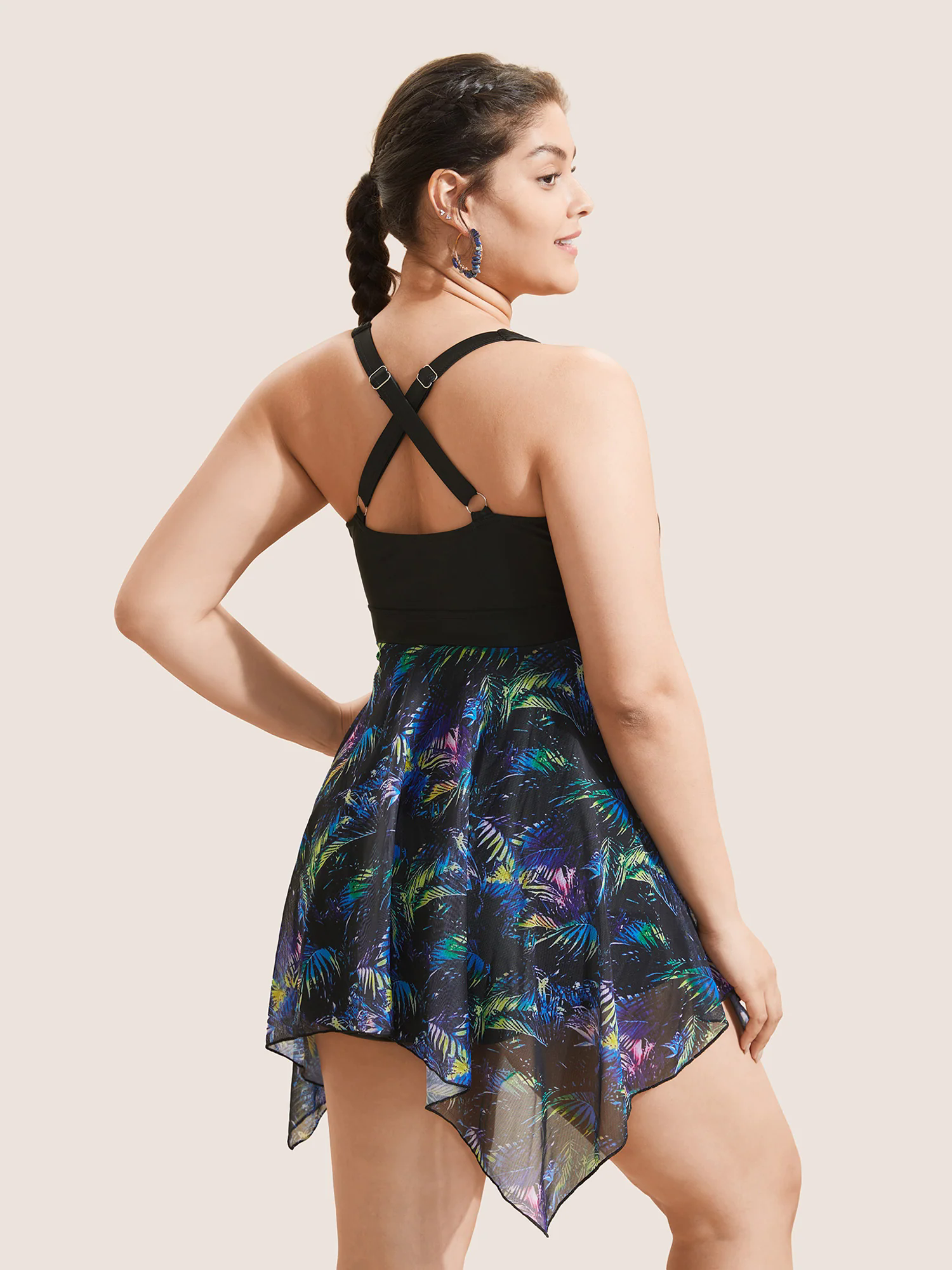 Tropical Ruched Ties Hanky Hem Crisscross Swim Dress Tropical Ruched Ties Hanky Hem Crisscross Swim Dress