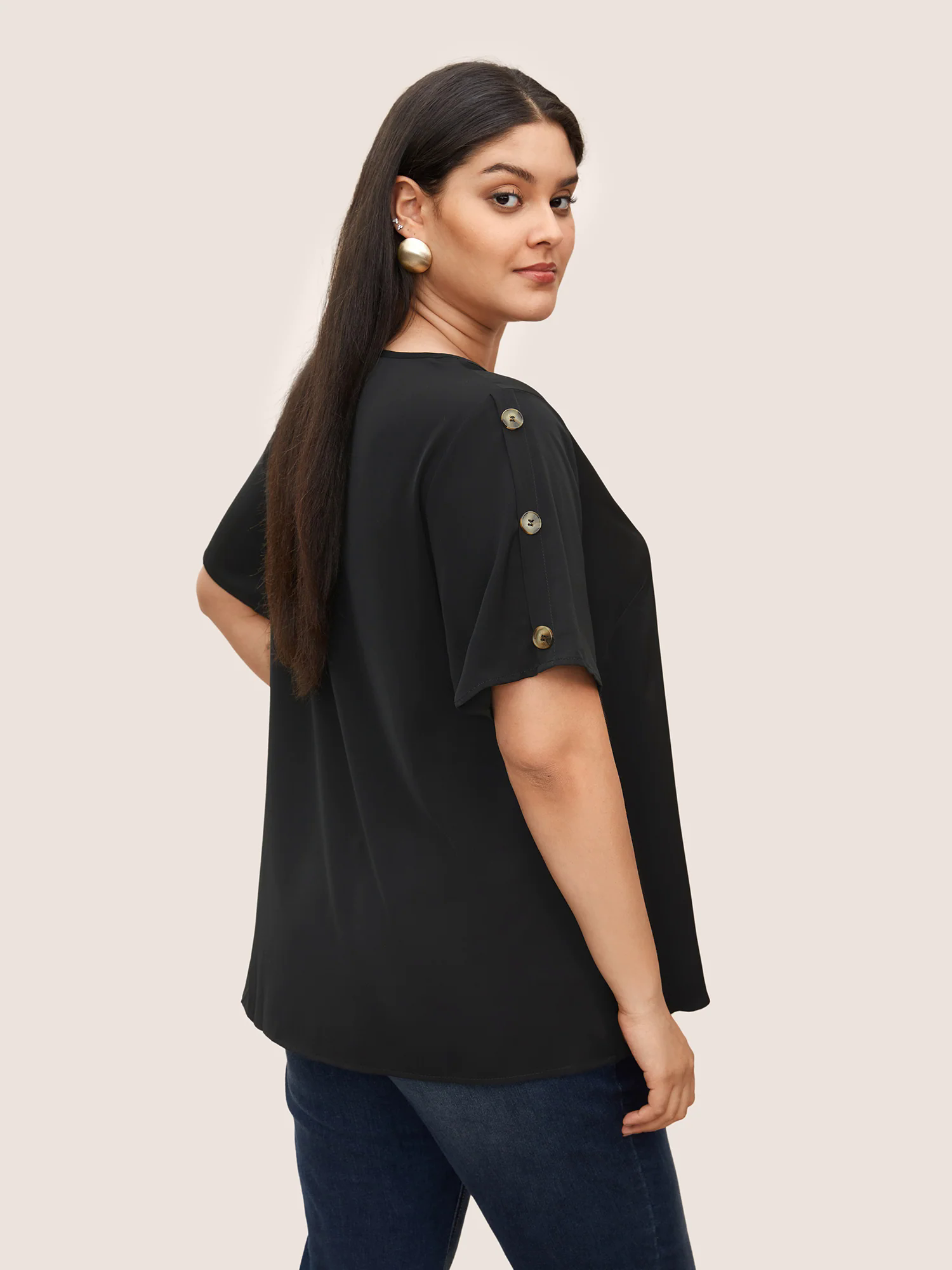 Plain Round Neck Button Detail Blouse