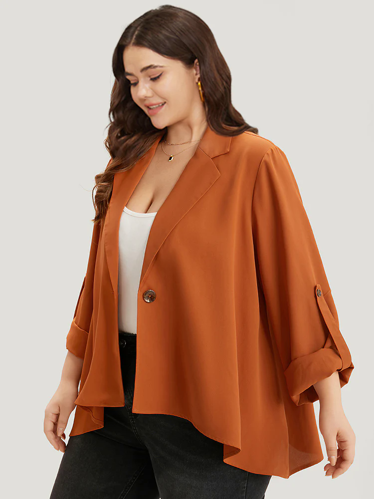 Plain Button Up Tab Sleeve High Low Hem Blazer Plain Button Up Tab Sleeve High Low Hem Blazer