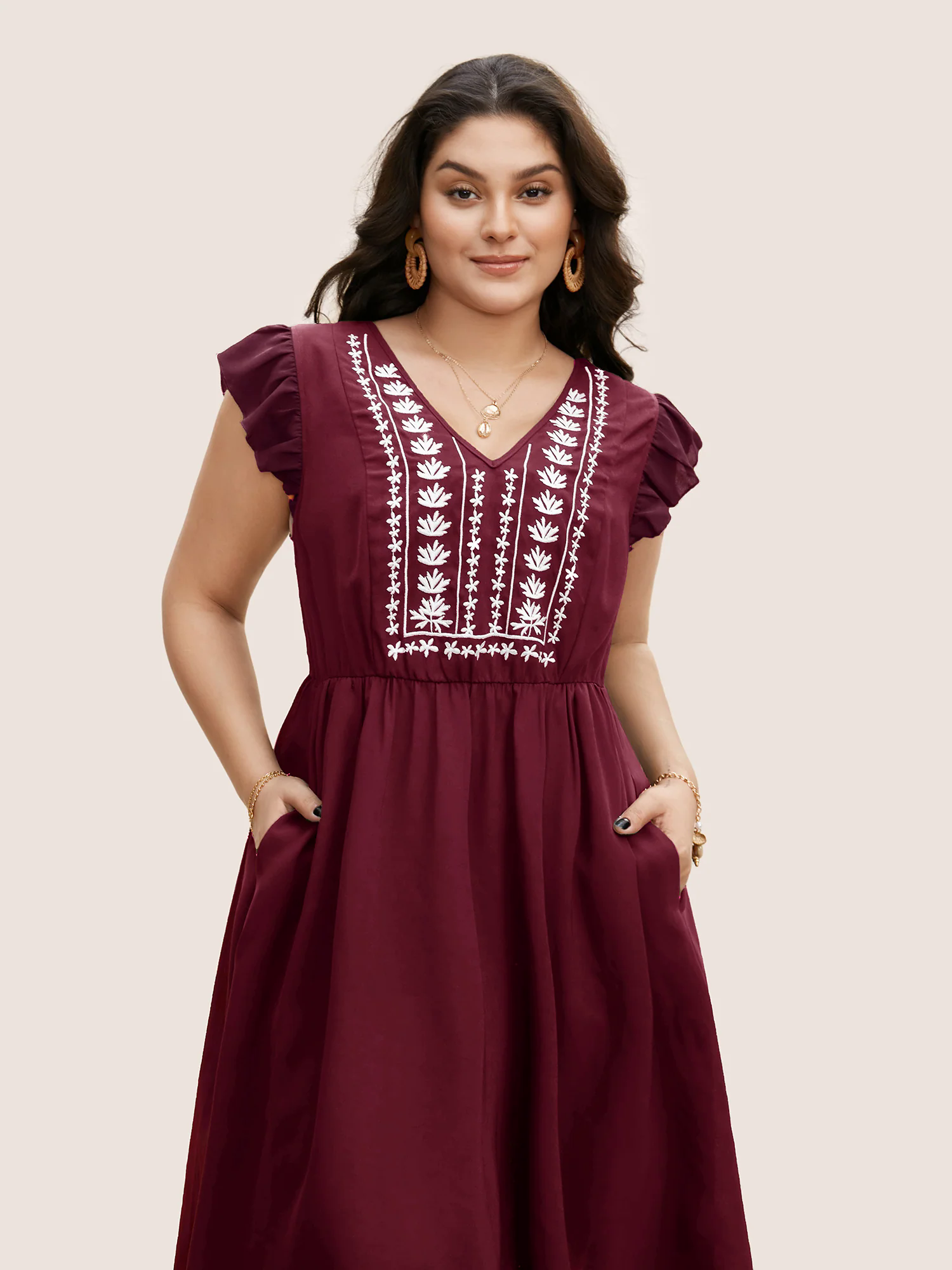 Floral Embroidered V Neck Ruffle Cap Sleeve Dress Floral Embroidered V Neck Ruffle Cap Sleeve Dress